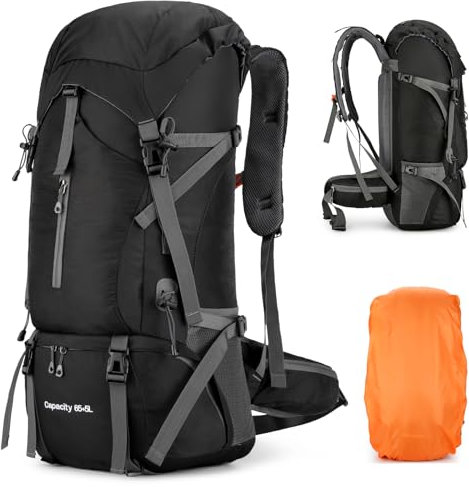 Wanderrucksack 70L für Herren und Damen, Ultraleichter Campingrucksack Trekkingrucksack Reiserucksack Großer Wasserdichter Wandern Rucksack mit Regenhülle für Trekking, Bergsteigen, Outdoor (Schwarz)