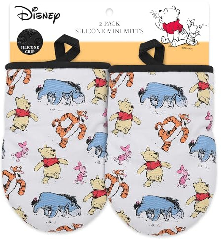Disney Oven Mitts 2-Pack - 5.5” x 7.5” Heat-Resistant Mini Oven Mitts with Non-Slip Printed Silicone Disney Silhouettes - Pot Holders for Kitchen - Mickey & Minnie, Stitch, Winnie the Pooh
