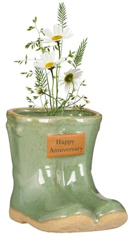 Dibor Ceramic Wellington Boot Planter with Happy Anniversary Plaque (Green) | Engraved Plaque, Flower Pot, Drainage Hole, Ceramic Pot, Glazed Finish, Gardening Gift
