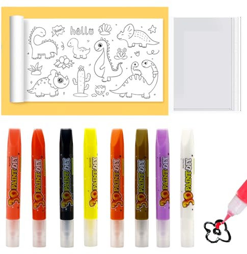 Nurila Window Color Set Kinder, 8 Farben Marbling Paint Kit 6 Dinosaurier-Motive Inklusive Malerei-Film, Wasser Marmorierfarbe für Kinder, Window Color Konturenfarbe, Spielzeug für Mädchen/Jungen