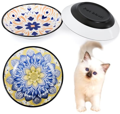 Dazhshun Cat Bowls,3 PCS Ceramic Cat Bowls Kitten Food Bowls Anti Whisker Fatigue,Non Slip Silicone Bottom Shallow Cat Dishes for Indoor Kitten Small Dog Rabbits, Cat Plate Feeding & Watering Supplies