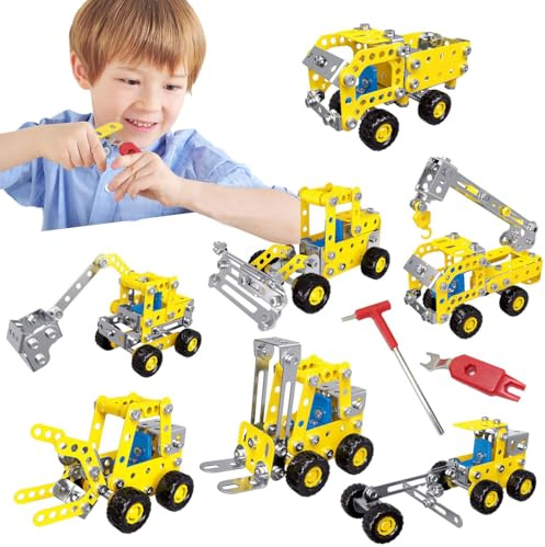 QiLumier Metallbaukasten - Baustellenfahrzeug,mit 180 Bauteilen,7 Modelle 3D Metal Puzzle,Gifts for Kids,Konstruktionsspielzeug für Kinder ab 6 Jahren