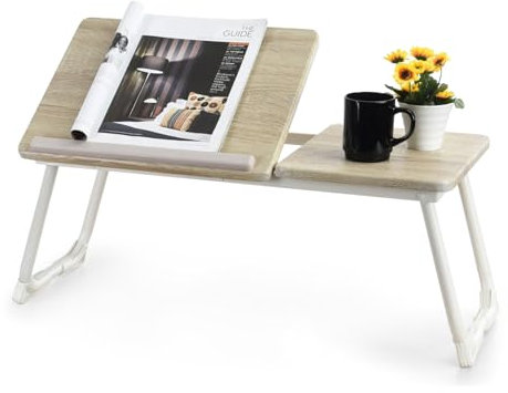 MEUBLE COSY Laptoptisch Frühstückstablett Höhenverstellbar Betttisch Laptopständer mit klappbaren Beinen für Sofa und Bett, Naturfarben + Weiß, 65x30x27.5cm
