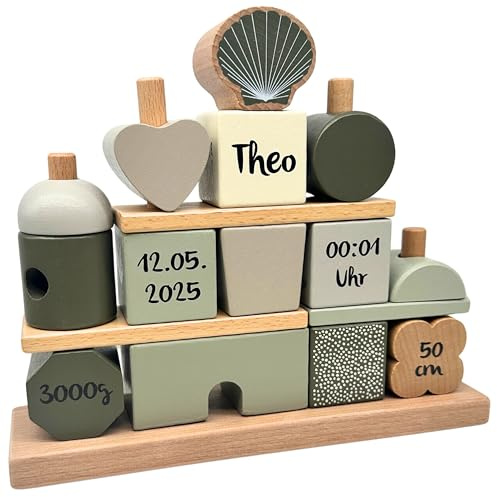 KIDSLINO Steckspiel Haus Olive I Geschenk zur Geburt personalisiert I Holzspielzeug I Personalisierte Geschenke Baby I Label-Label I Steckspielzeug mit Name & Geburtsdaten