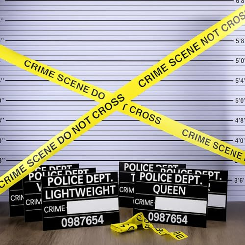Chunful Roaring 20s Mug Shot Photo Booth Props 4.3 x 4.9 ft Mugshot Backdrop with Height Chart Mugshot Signs Do Not Cross Caution Tape for Mystery Bachelorette Birthday Party