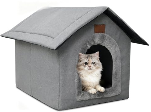 Mineup Katzenhaus Für Draußen Winterfest, 40x40x35cm Katzenhaus Outdoor, Wetterfester Katzenhöhle Haustierhaus mit Plüschkissen, Outdoor Hundehöhle, Faltbares Katzenhau für Streuner Haustiere