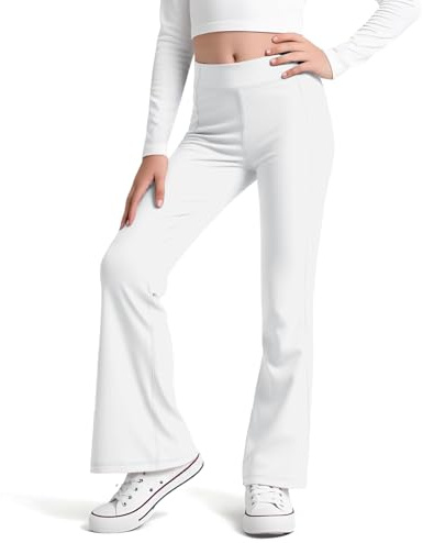 Domueay Leggings évasés pour Fille, Stretch Léger Taille Haute Sport Pantalons Longueur, Toucher Brossée Legging pour Gymnastique Activités Fitness Danse Enfants Vêtements 11-12 Ans, Blanc