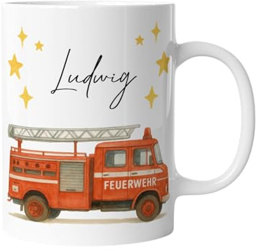 Tasse mit Namen | Feuerwehrauto, Feuerwehr | Personalisierte Kindertasse mit Fahrzeugen | Keramik für Kinder, Jungen & Mädchen – Geschenk, Kinderbecher, Namenstasse Aquarell wasserfarben