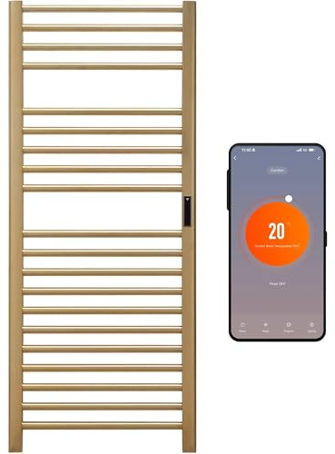 SolAire Sulby WiFi Electric Heated Towel Rail, Stainless Steel, Gold Brass Finish, Wall Mounted Dry Electric Towel Warmer with Thermostat, Timer, Alexa Voice Control & App (500 x 1200)