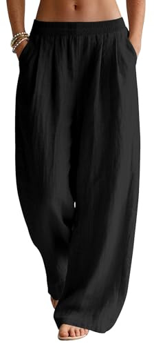 Rapbin Linen Trousers Womens Wide Leg Pants for Women UK Ladies Summer Casual Elasticated Waist with Pockets
