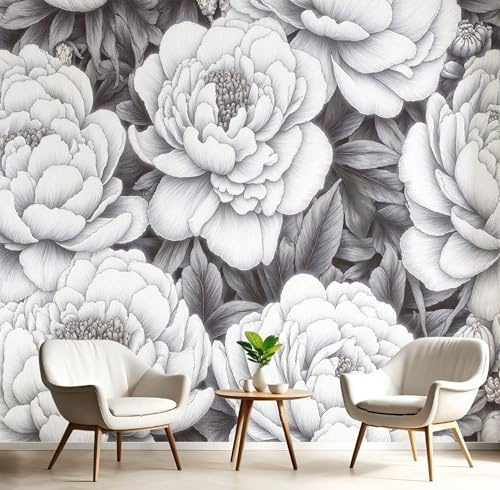 Carta da parati Fiori In Bianco E Nero Fotografica in Seta Peonia Acquerello Sfondo Murale XXL Decorazione da Parete per Soggiorno Camera De Letto Sala Ufficio Studio, 150x105cm, Grigio Chiaro