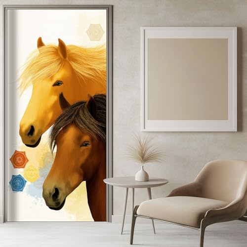 Tür Tapeten 3d Selbstklebend Tiere Pferde - Türtapete Türposter Türaufkleber Vinyl Türfolie Creme Diy Wandbild Wohnzimmer Schlafzimmer Badezimmer 80x200 cm