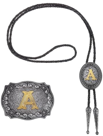 QUARKZMAN 2 Pc Set Western Cowboy Bolo Tie e Fibbia Per Cintura Lettera Iniziale A Dorata Collana In Pelle Di Mucca Per Uomo Donna Costume Accessori Vintage Tradizionali Grigio Nero/Oro