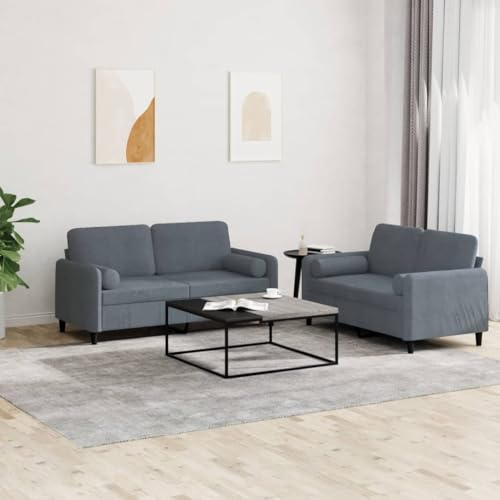 QUAHEAS 2-TLG. Sofagarnitur Dunkelgrau Samt, Bequemes Polstersofa mit Rollkissen für Wohnzimmer, Robustes Metallgestell, Modernes Design, Einfache Montage