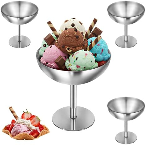 Ezweiji Lot de 4 Coupes à Glace en Acier Inoxydable, Bol à Dessert Isotherme Double Paroi, Verrines à Dessert Réutilisables pour Glaces, Salade de Fruits (Argent mat, grand format-160 ml)