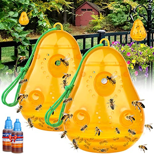 JNKNT Wasp Trap Bee Catcher, Outdoor Hanging Wasp Trap, Non-Toxic Reusable Hornet & Yellow Jacket Trap, 2 Pack (Pear Shape - Orange)