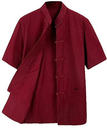 ZooBoo 100% Cotton Short Sleeve Kung Fu Shirt – Traditional Chinese Martial Arts Top for Men & Women (XL, Wine Red)