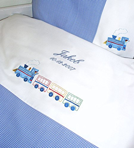 KINDERBETTWÄSCHE MIT NAMEN, ZUG, HELLBLAU, 100/135 CM