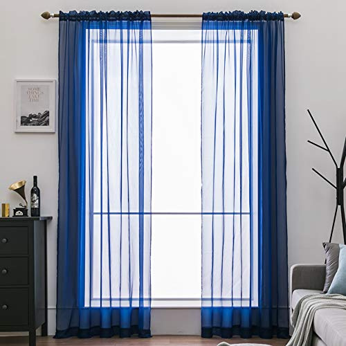 MIULEE 2er Set Voile Vorhang Transparente Gardine aus Voile Polyester Stangendurchzug Transparent Wohnzimmer Luftig Dekoschal für Schlafzimmer Dunkelblau 245 x 140cm (H x B), Rod Pocket