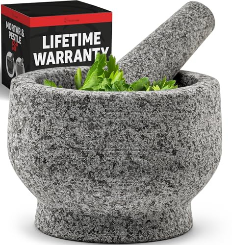 Juego de mortero y mazo de granito natural resistente, pequeño, tallado por expertos, guacamole fresco en casa, piedra sólida, triturador de hierbas, molinillo de especias, gris sin pulir, 2 tazas