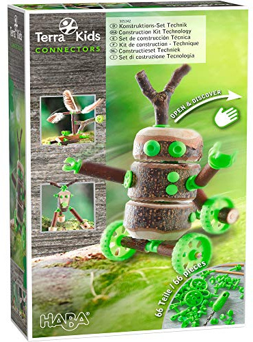 HABA 305342 - Terra Kids Connectors - Konstruktions-Set Technik, Kinder-Bastelset für bewegliche Konstruktionen, Verbinder aus Kunststoff für Holz und Kork, mit Handbohrer und Anleitung, grün, Mittel