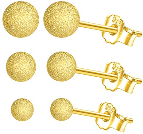 Boucles d'oreilles de boule or, en argent 925, clous d'oreilles simple pour femme fille, trois paires, 3mm, 4mm, 5mm
