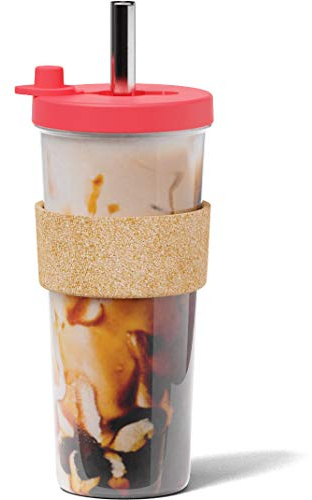 Dodoko Boba Tea Cup with Straw, Reusable, Insulated, BPA-Free, Shatterproof, for Iced Coffee, Smoothies, Cold Drinks, Dishwasher Safe, Incl. Straw Cleaner, Hot Pink
