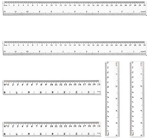 6 PCS Plastic Ruler Set, Clear Transparent Straight Shatter Resistant Ruler, 6, 8, 12 Inches (15, 20, 30cm) Measuring Tool for Student, School, Office, Teaching