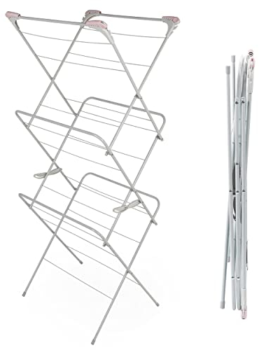 Russell Hobbs LA083357PINKEU7 DREI Ebenen waeschestaender, Erweiterbar Wäscheständer klappbar, 15m Trockenlänge, Höchstlast 15kg, Vier Seitenflügel für Kleiderbügel, platzsparender 64 x 45 x 138cm
