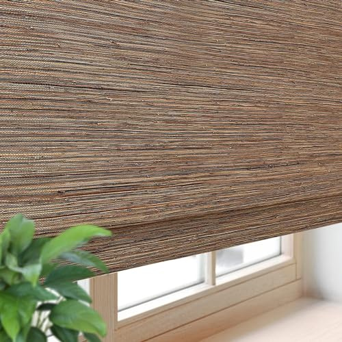 FACIMI Cordless Blackout Bamboo Roman Blinds, Roll-Up Natural Woven Shades with 6 H Valance, Custom Light Filtering Bamboo Shades for Windows, Doors, Patio Door, Porch, Hemp Brown
