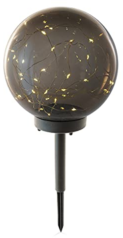 Esotec magische Glühwürmchen Solarkugel Kyran, Akku, Erdspieß, Gartenkugel, innere Drahtlichterkette mit 30 LEDs, Kugelleuchte, rauchgrau, D=20cm, 3000K warmweiß, wetterfest, Outdoor, 102880
