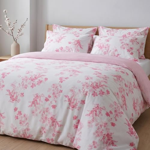 LERUUM Cotton Duvet Cover King Size Ping Bedding Floral & Striped Pattern | Pink floral stripe pattern reversible king size duvet bed set soft cotton ideal for summer winter all seasons stylish bedding