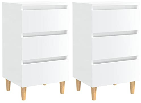 vidaXL 2X Nachttisch mit Holzbeinen 3 Schubladen Nachtschrank Nachtkonsole Nachtkommode Schlafzimmer Schrank Kommode Hochglanz-Weiß 40x35x69cm
