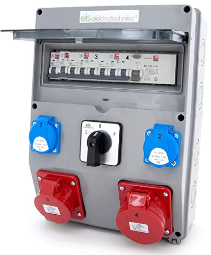 ELS Elektrotechnika Distributore di corrente da cantiere 2x 230V Schuko+ 2 LS, CEE 16A+ LS, CEE 32A+LS, interruttore differenziale FI 40/4/0.03A, interruttore a camme L-0-P, pronto per il collegamento