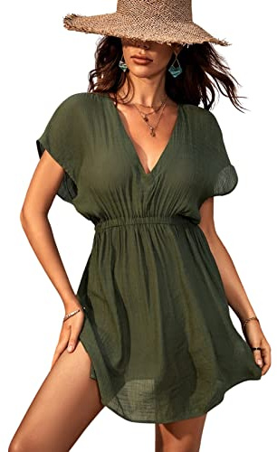 CUPSHE - Vestido largo para mujer con cuello en V y cintura elástica, verde oscuro, L
