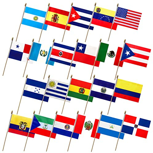 LoveVC Latin America 22 Countries Flags on Stick Small Mini Spanish Language Speaking Country Hand Held Flag,5x8 Inch,22 Pack