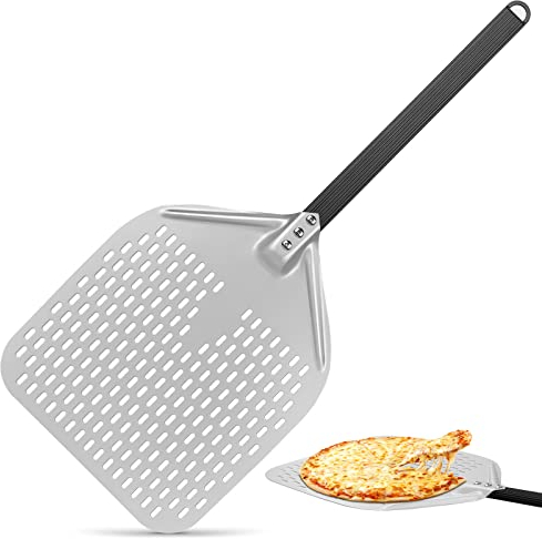 CRROEL Perforierter Pizzaschieber, 12 Zoll Perforiert Pizzaschaufel aus Hart Eloxiertes Aluminium mit Verbrühungshemmend Griff, Pizzaheber für hausgemachte Pizza,Brot,Kuchen