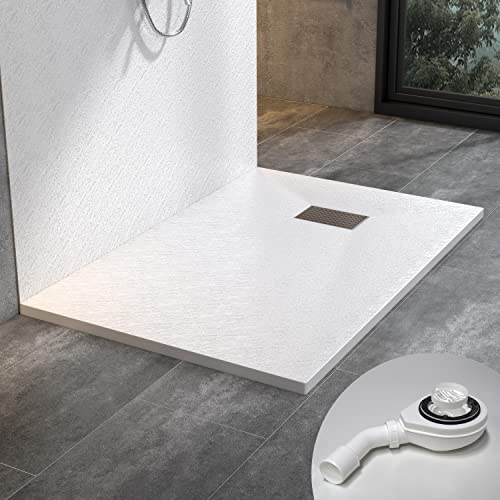WITEN&NOCK Duschwanne 90x90 cm SMC Brausewanne Weiß Steinoptik Antirutsch | Duschtasse Höhe 3,2 cm Niedrige Schwelle Extraflach Brausetasse mit Edelstahl-Abflussrinne und Ablaufgarnitur Ø 90 mm