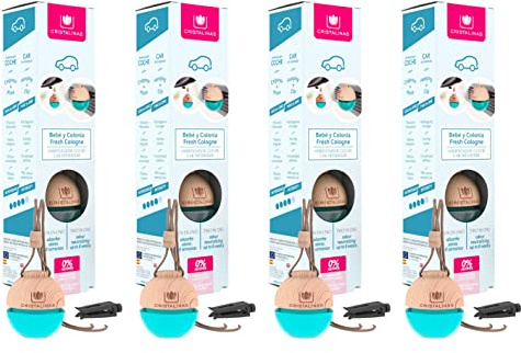 CRISTALINAS | Pack 4 Ambientadores Esfera para Coche| Aroma Bebé y Colonia | 100% Puro | Absorbe los Malos Olores de tu Vehículo con un agradable Aroma | Larga Duración 8 Semanas | 6 ml | 0% Alcohol
