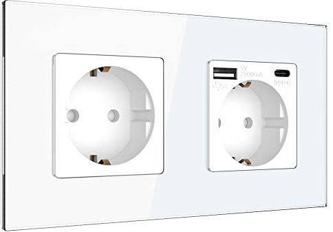 PULSAR USB-C USB-A Steckdose Unterputz Glas Weiß 2-Fach, Schnellladen | Steckdose USB-C USB-A 2-Fach Glas Weiß - Doppelsteckdose Unterputz mit 2 USB-Schnittstellen max 20W Schnellladen