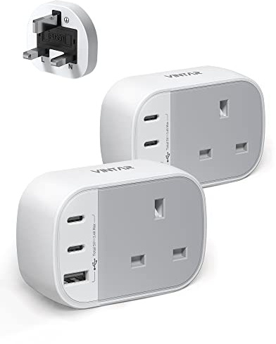 VINTAR 2 Pack USB C & USB A Adapter, 3 Way UK Plug Extension, 13A 3250W