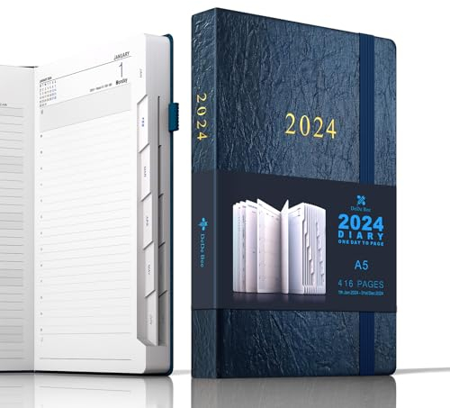 DeDe Bee Kalender 2024 Terminplaner A5 Agenda, 1 Tag pro Seite- und Monatsplan Insgesamt 416 Seiten, Innentasche, Hardcover Blau