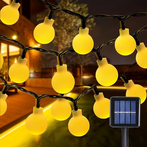 LED Lichterkette Innen Außen, 12M Lichterkette Kugel, 100 LEDs 8 Modi Wasserdicht LED Globe Lichterkette Glühbirnen mit Solar für Garten, Balkon, Hochzeit, Schlafzimmer (Gold)