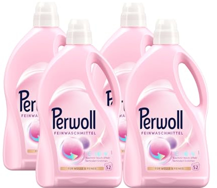 PERWOLL Wolle & Feines Waschmittel 208 (4 x 52 Waschladungen), Feinwaschmittel reinigt sanft, glättet und erneuert Fasern & verhindert Knötchen, mit Dreifach-Renew-Technologie