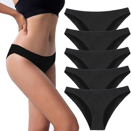 Kiench Damen Unterhosen Baumwolle Slips Bikini Unterwäsche 5er-Pack Schwarz EU Größe 36/38 XS
