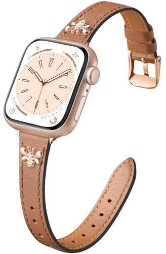 CeMiKa Bracelets Cuir Etroit Compatible avec Bracelet Apple Watch 38mm 40mm 41mm, Bracelet Cuir Fin avec Charme pour Apple Watch Series 11 10 9 8 7 6 5 4 3 SE3 SE, Femmes Hommes, Marron/Rose Abeille
