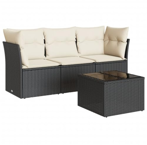 vidaXL Garten Sofa Garnitur 4-TLG., Gartenmöbel Set mit Kissen Stauraum, Sitzgruppe für Garten Terrasse, Modular Gartensofa Lounge, Tisch mit Glasplatte, Schwarz Poly Rattan