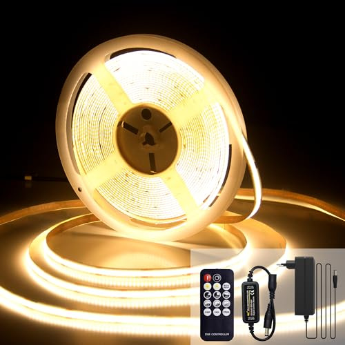 luktix COB LED Streifen 10M, LED Streifen Warmweiss 3000K, 24V Lichtband Dimmbar, CRI92, 8mm Breite, mit Fernbedienung und Netzteil, für Home Dekoration, Küche, Spiegel