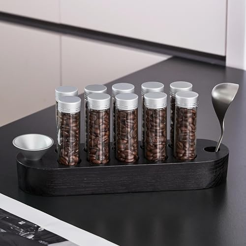 Coosigar Kaffeebohnen-Behälter, Einzeldosis Kaffeebohnen-Aufbewahrung, 10 Stück Kaffeebohnenkeller mit schwarzem Holzständer und Trichter Kaffeelöffel. (Schwarzes Holz + silberfarbene Deckel)