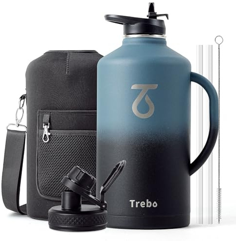Trebo 3.8 L Water Bottle Insulated with Handle, One Gallon Stainless Steel Metal Large Jug, Travel Flask with Straw Spout Lid, Mug Tumbler Cup with Carry Pouch, Keep Cold Hot, Indigo Black
